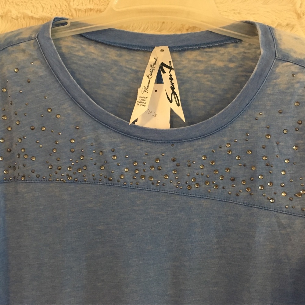 Seven 7 Beaded Burnout Top Sheer Long Sleeved Gauzy Blue Small Sequins Fairycore - Picture 4 of 8